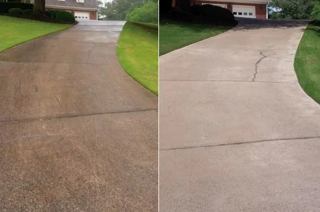 A driveway before cleaning on the left and after cleaning on the right