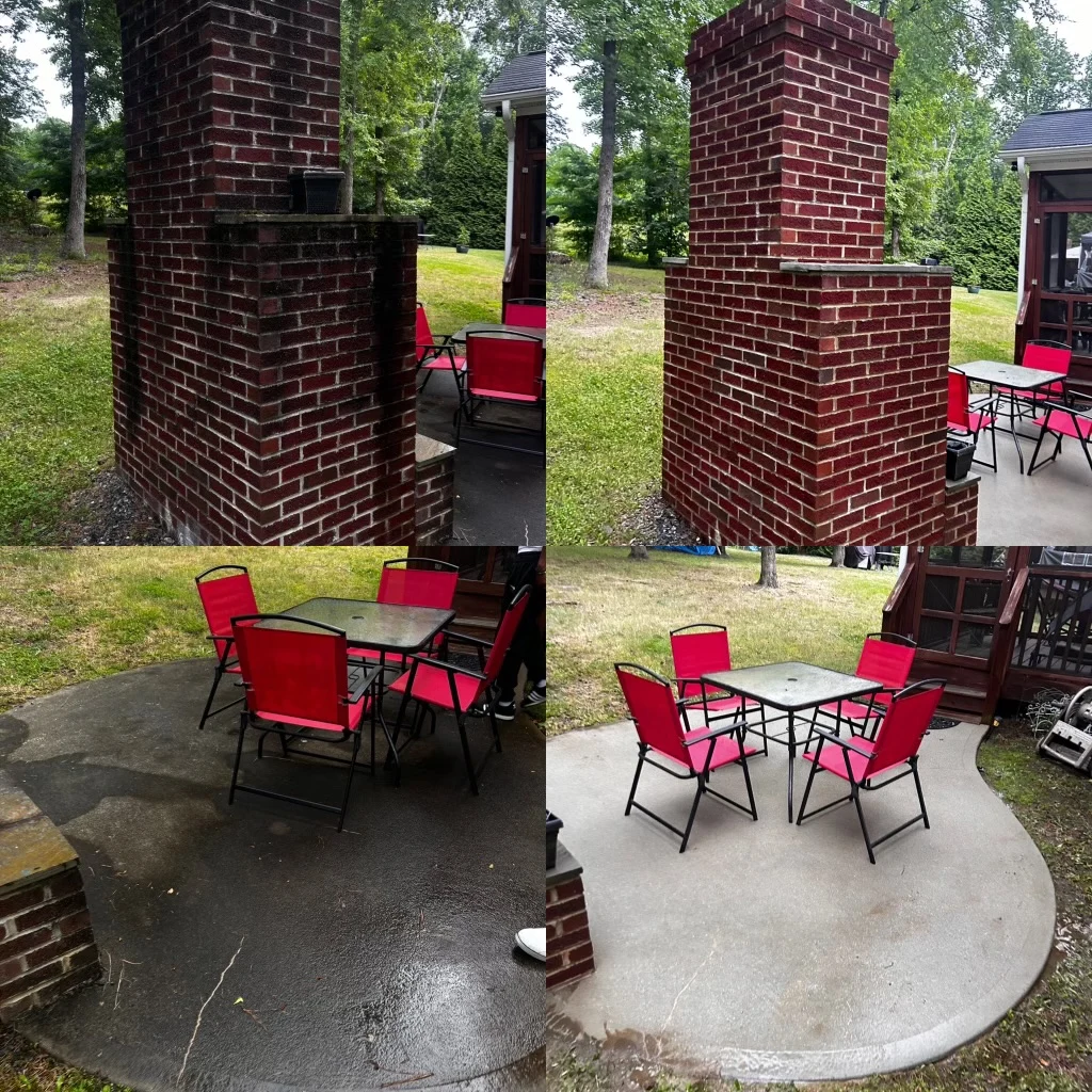 Before and after cleaning a brick column and concrete patio